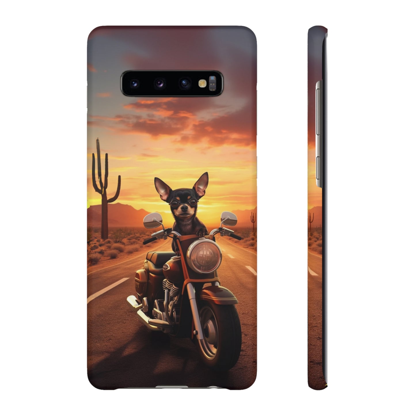 Sunset Ride: Black Chihuahua on a Harley Davidson in the Desert