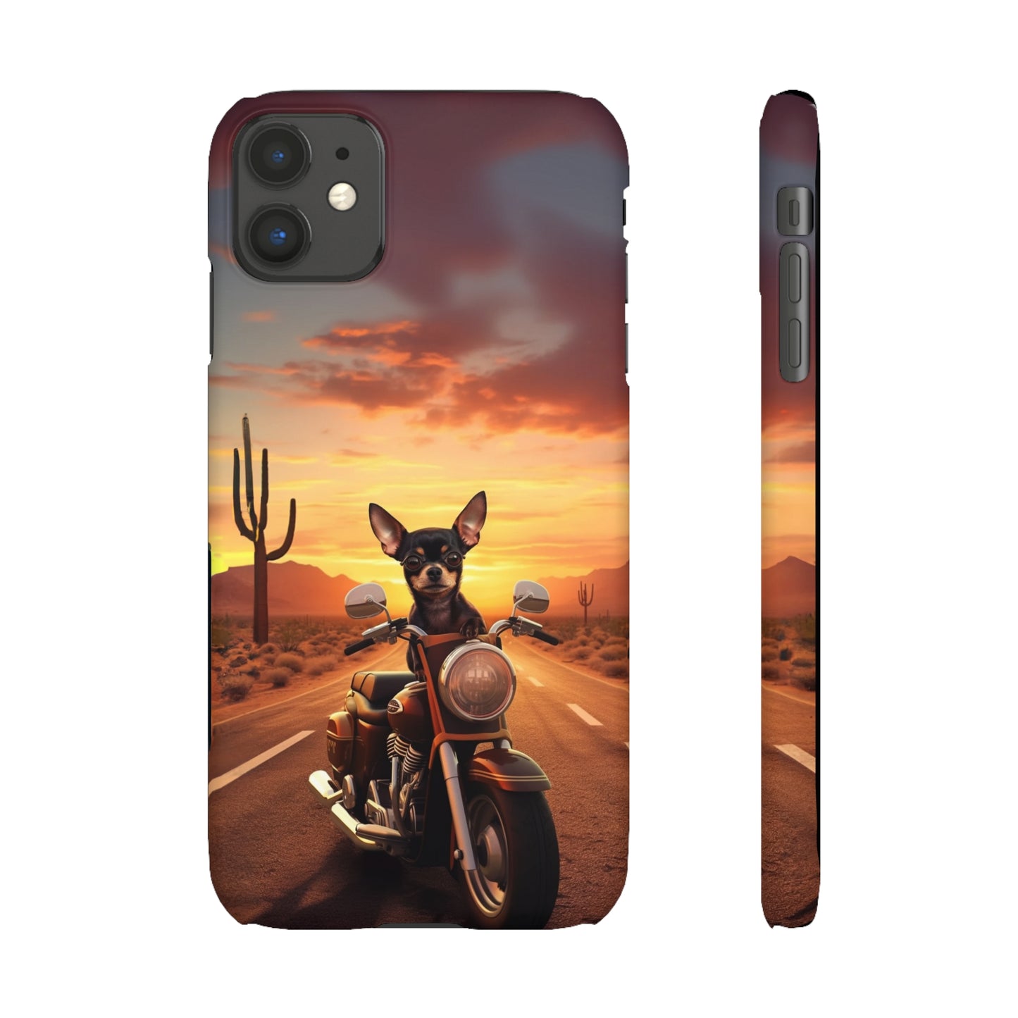 Sunset Ride: Black Chihuahua on a Harley Davidson in the Desert