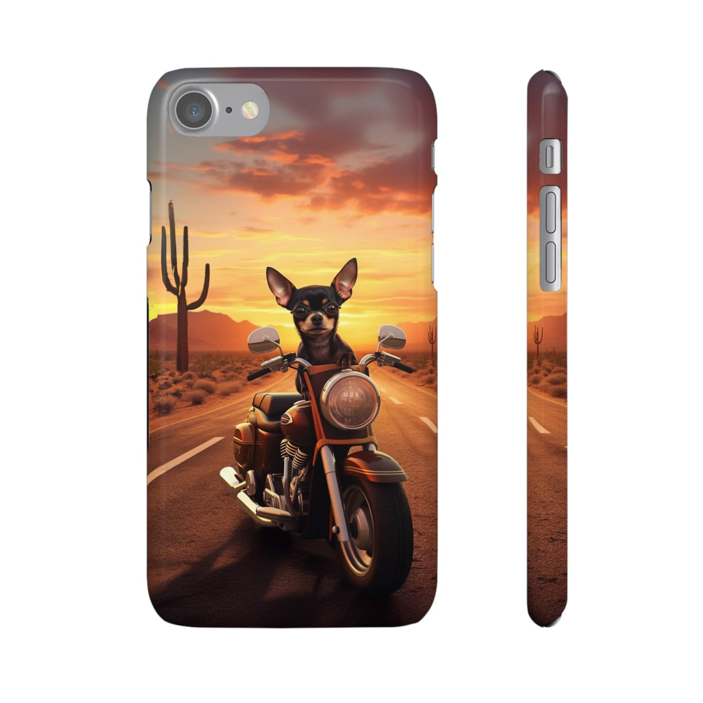 Sunset Ride: Black Chihuahua on a Harley Davidson in the Desert