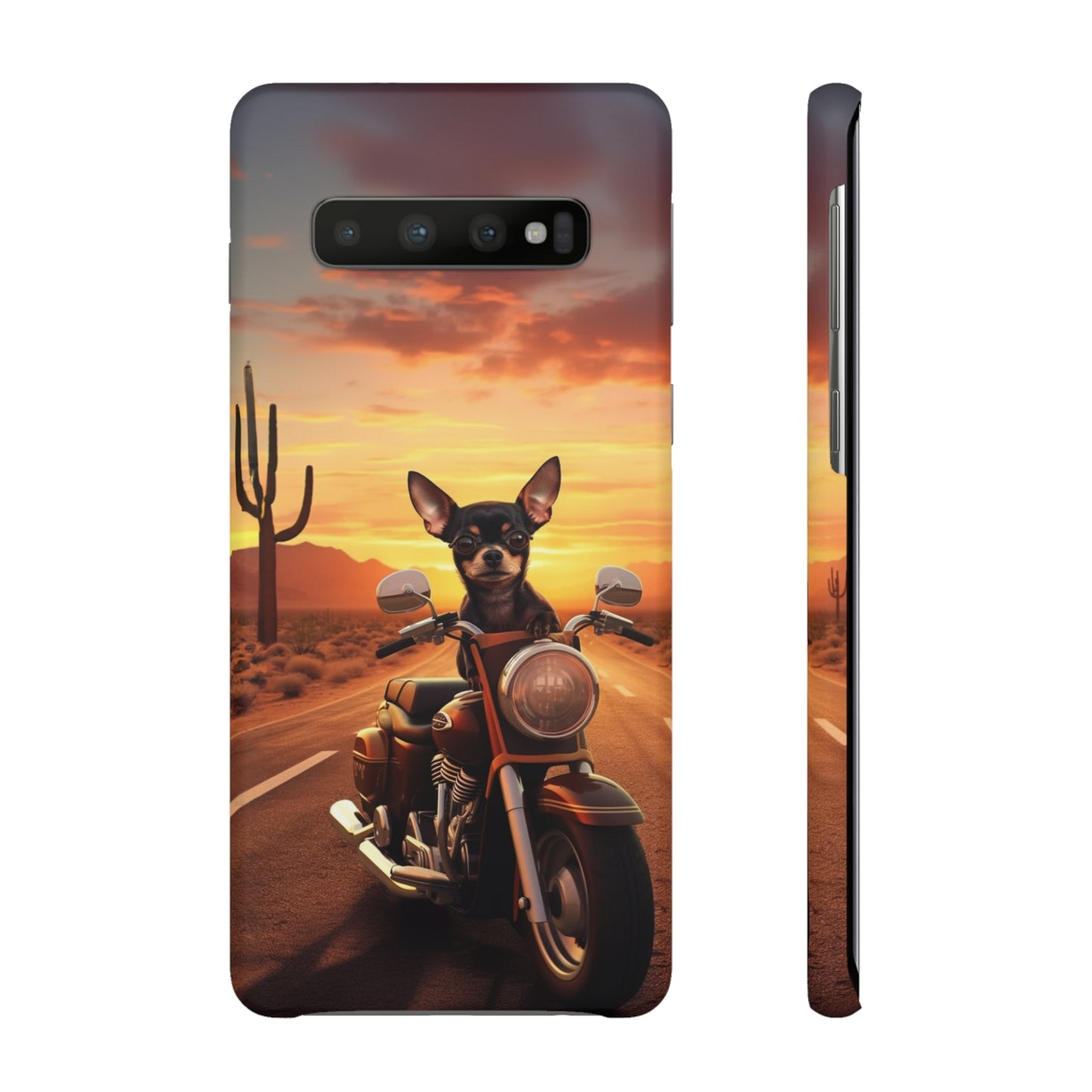 Sunset Ride: Black Chihuahua on a Harley Davidson in the Desert