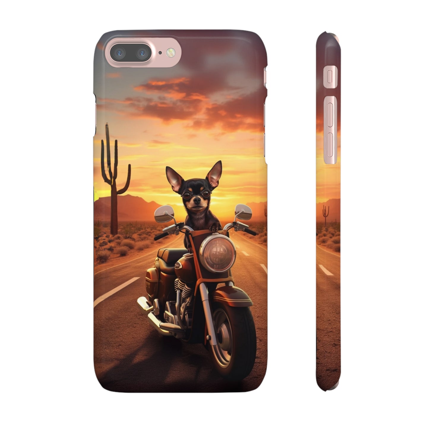 Sunset Ride: Black Chihuahua on a Harley Davidson in the Desert