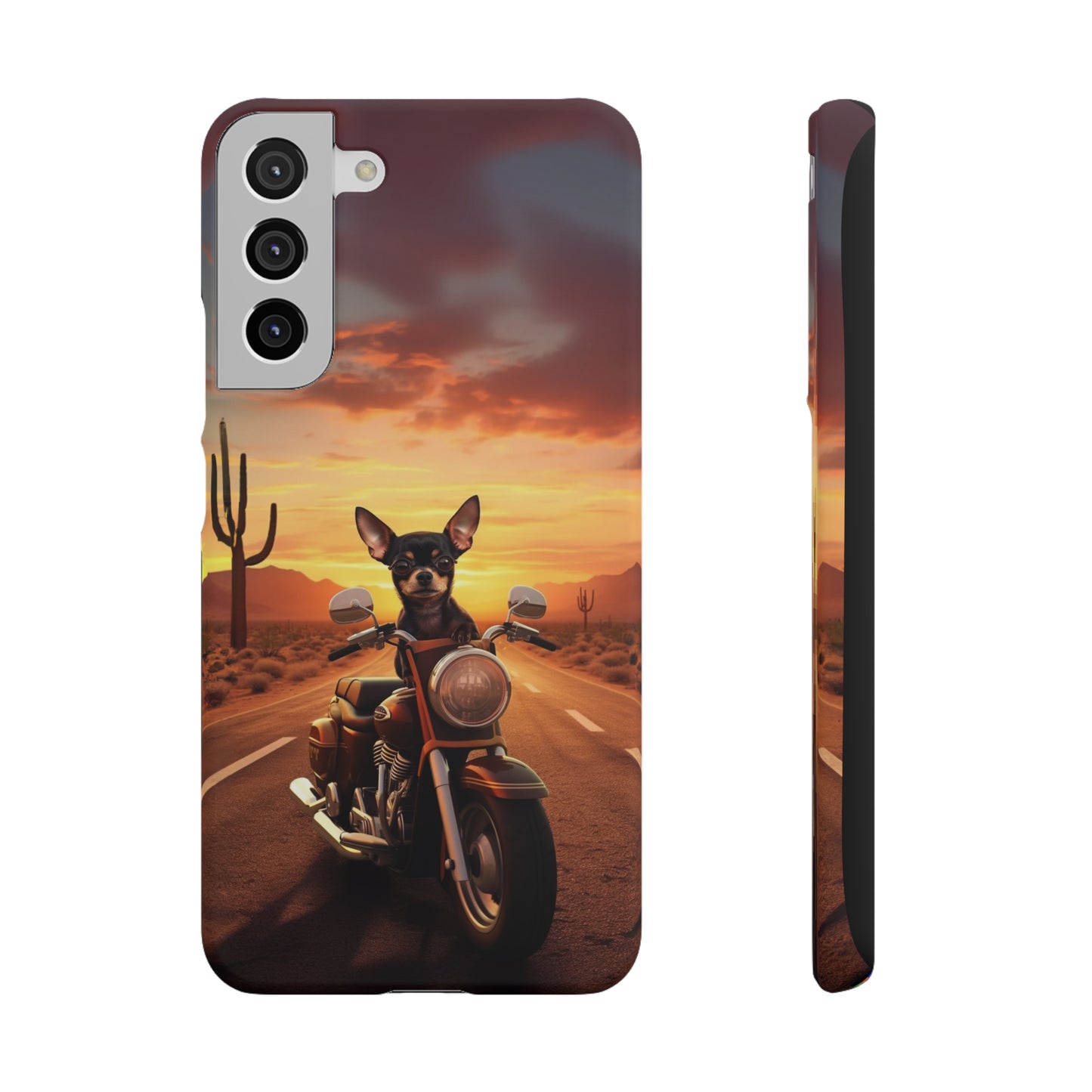 Sunset Ride: Black Chihuahua on a Harley Davidson in the Desert
