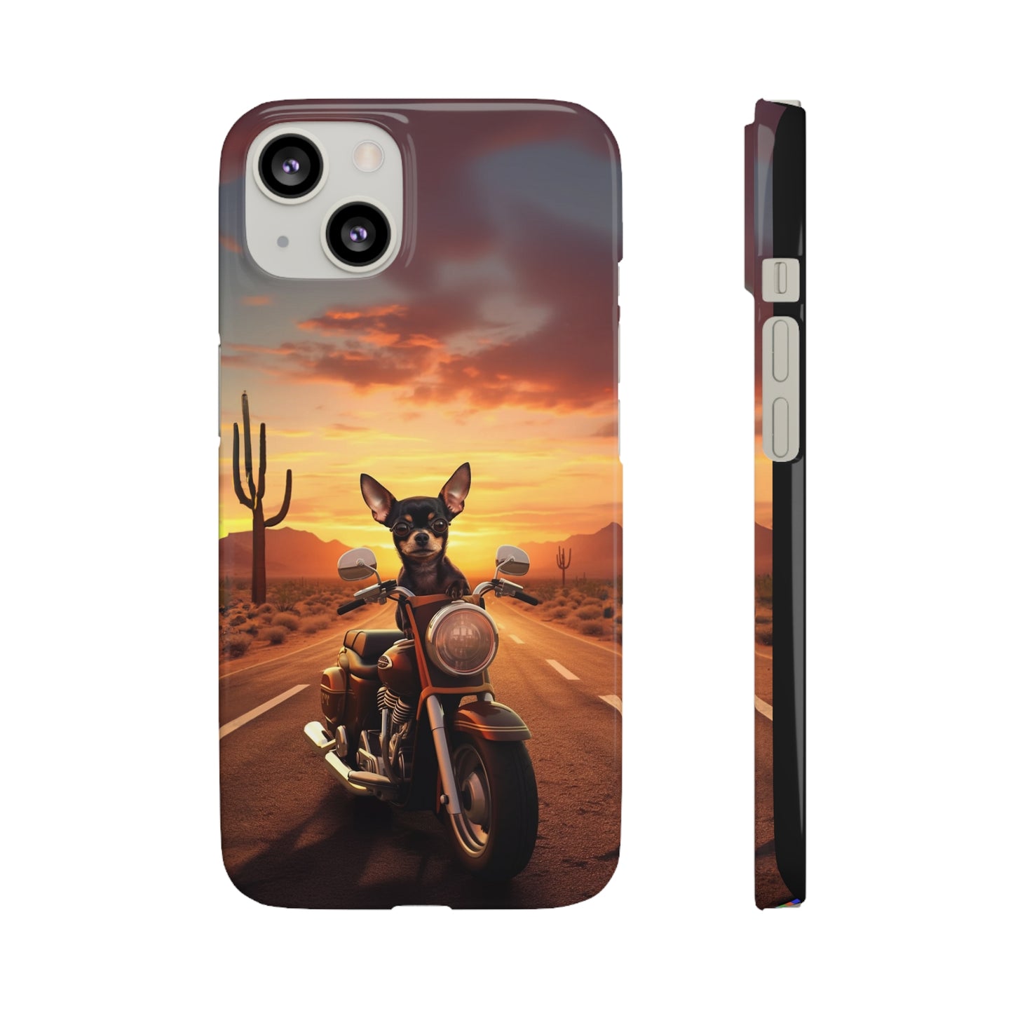 Sunset Ride: Black Chihuahua on a Harley Davidson in the Desert