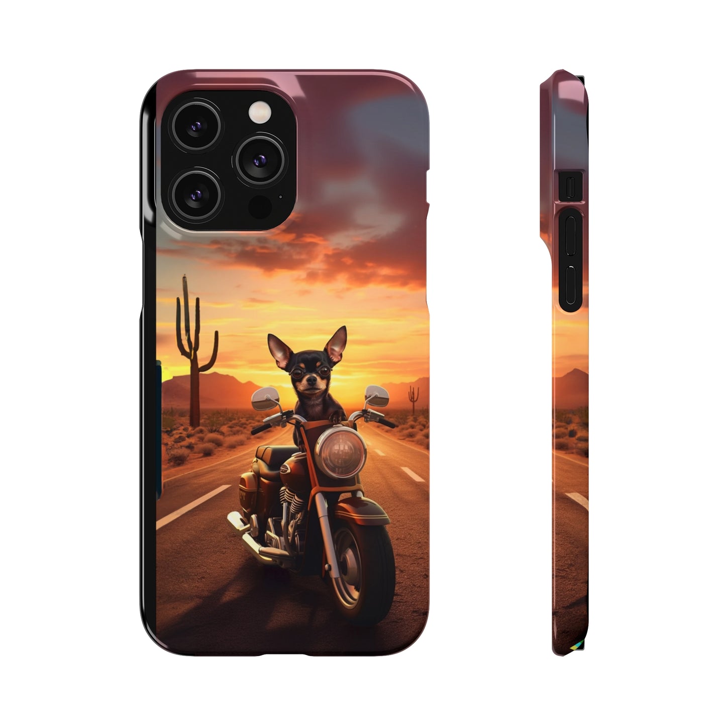 Sunset Ride: Black Chihuahua on a Harley Davidson in the Desert