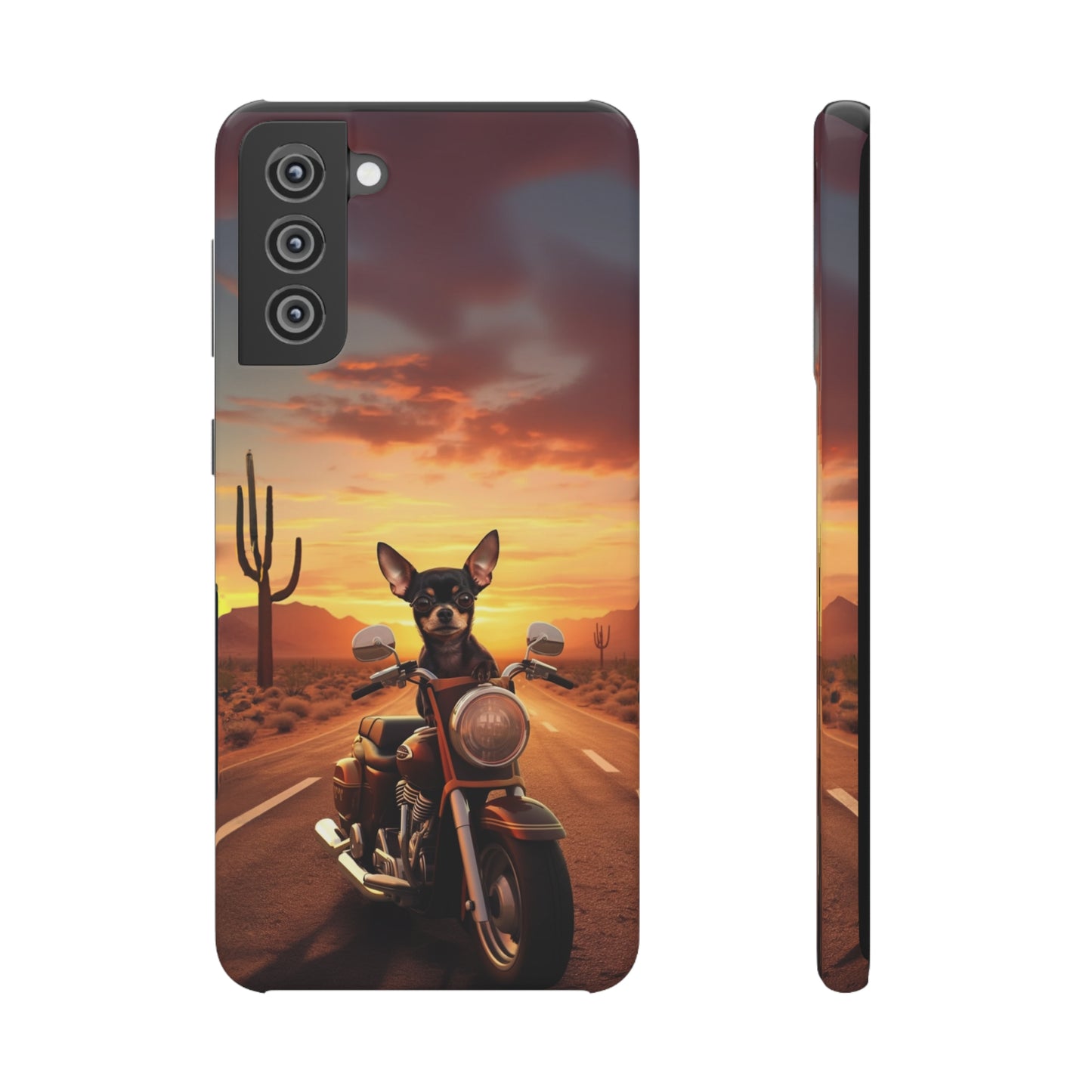 Sunset Ride: Black Chihuahua on a Harley Davidson in the Desert