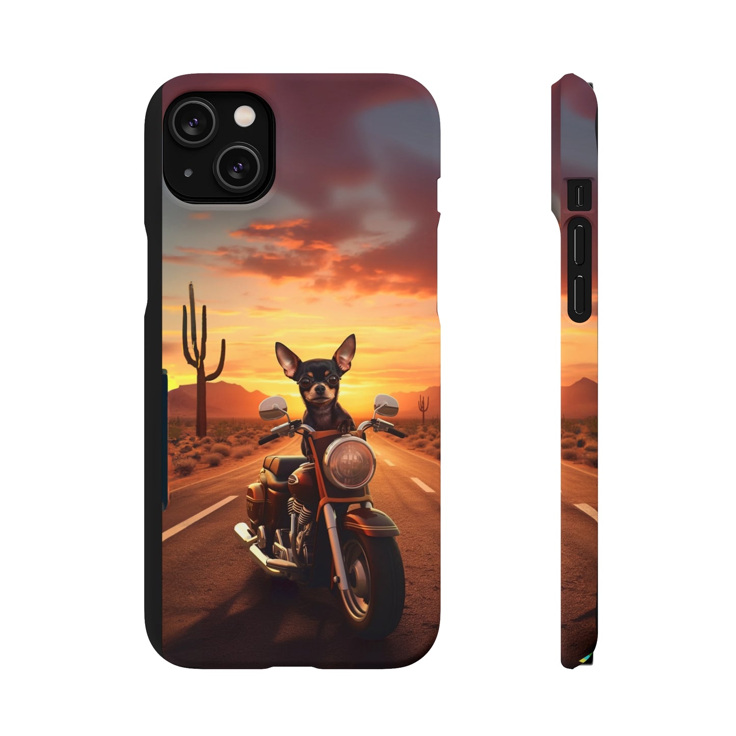 Sunset Ride: Black Chihuahua on a Harley Davidson in the Desert