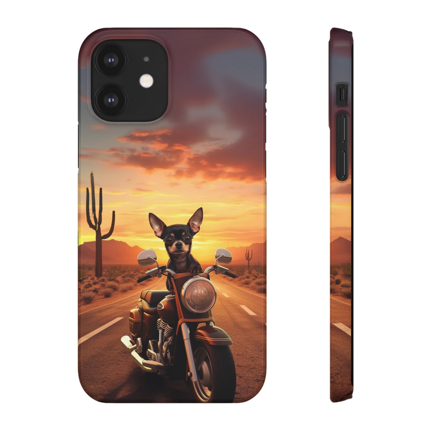 Sunset Ride: Black Chihuahua on a Harley Davidson in the Desert