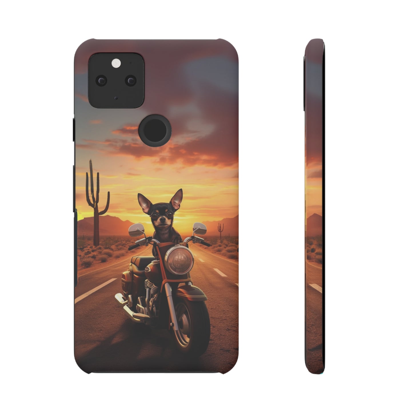 Sunset Ride: Black Chihuahua on a Harley Davidson in the Desert