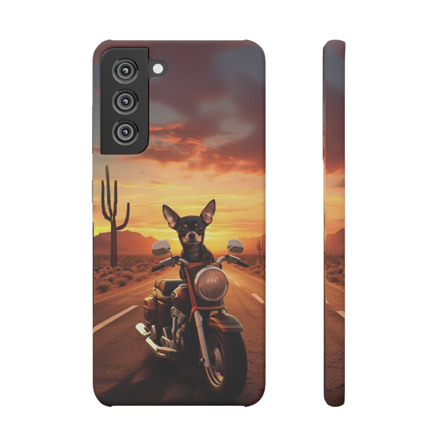 Sunset Ride: Black Chihuahua on a Harley Davidson in the Desert