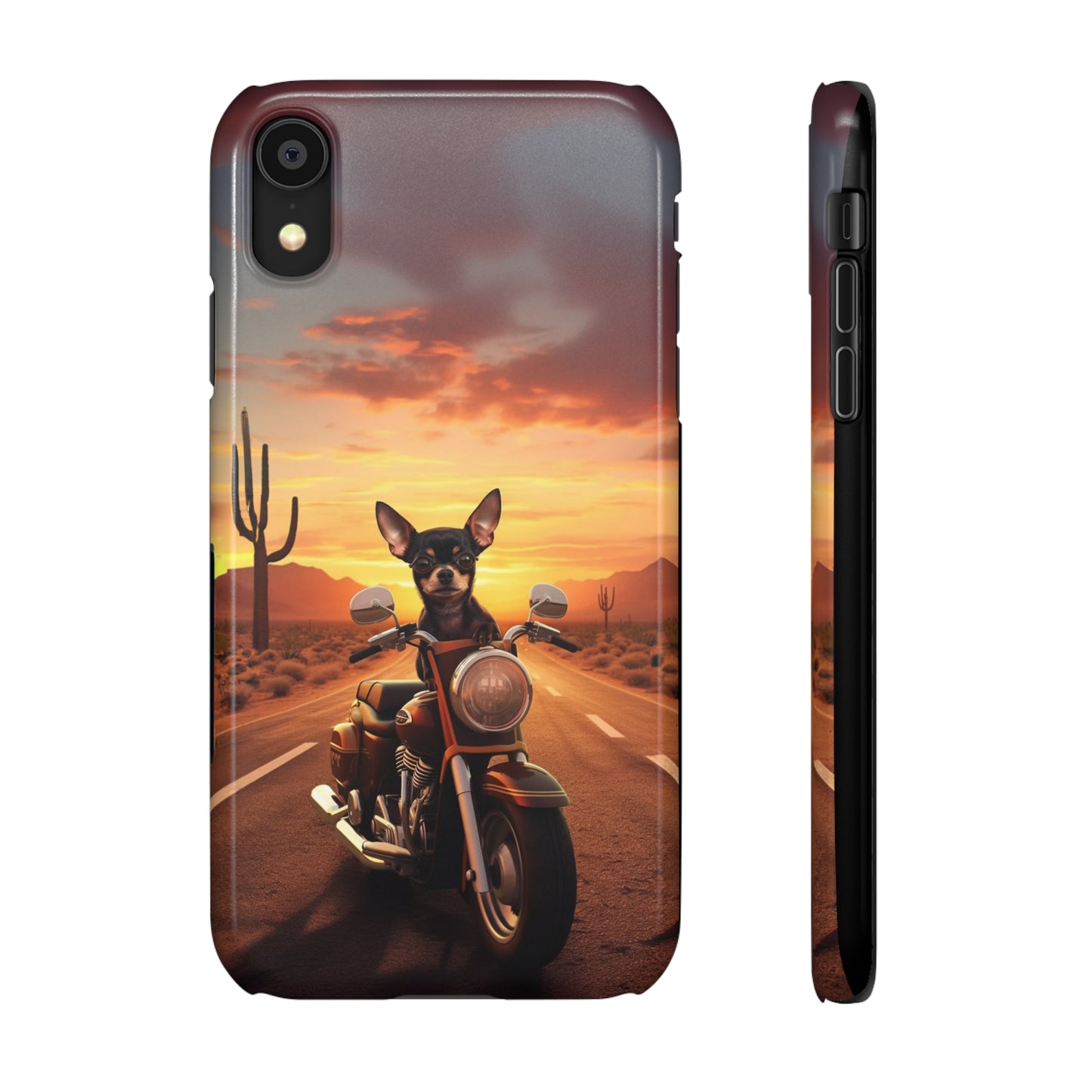 Sunset Ride: Black Chihuahua on a Harley Davidson in the Desert