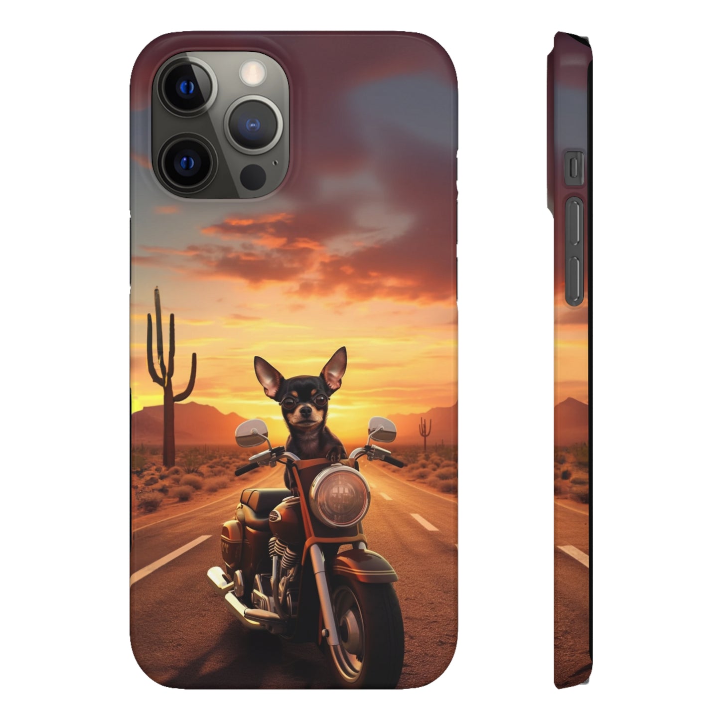 Sunset Ride: Black Chihuahua on a Harley Davidson in the Desert