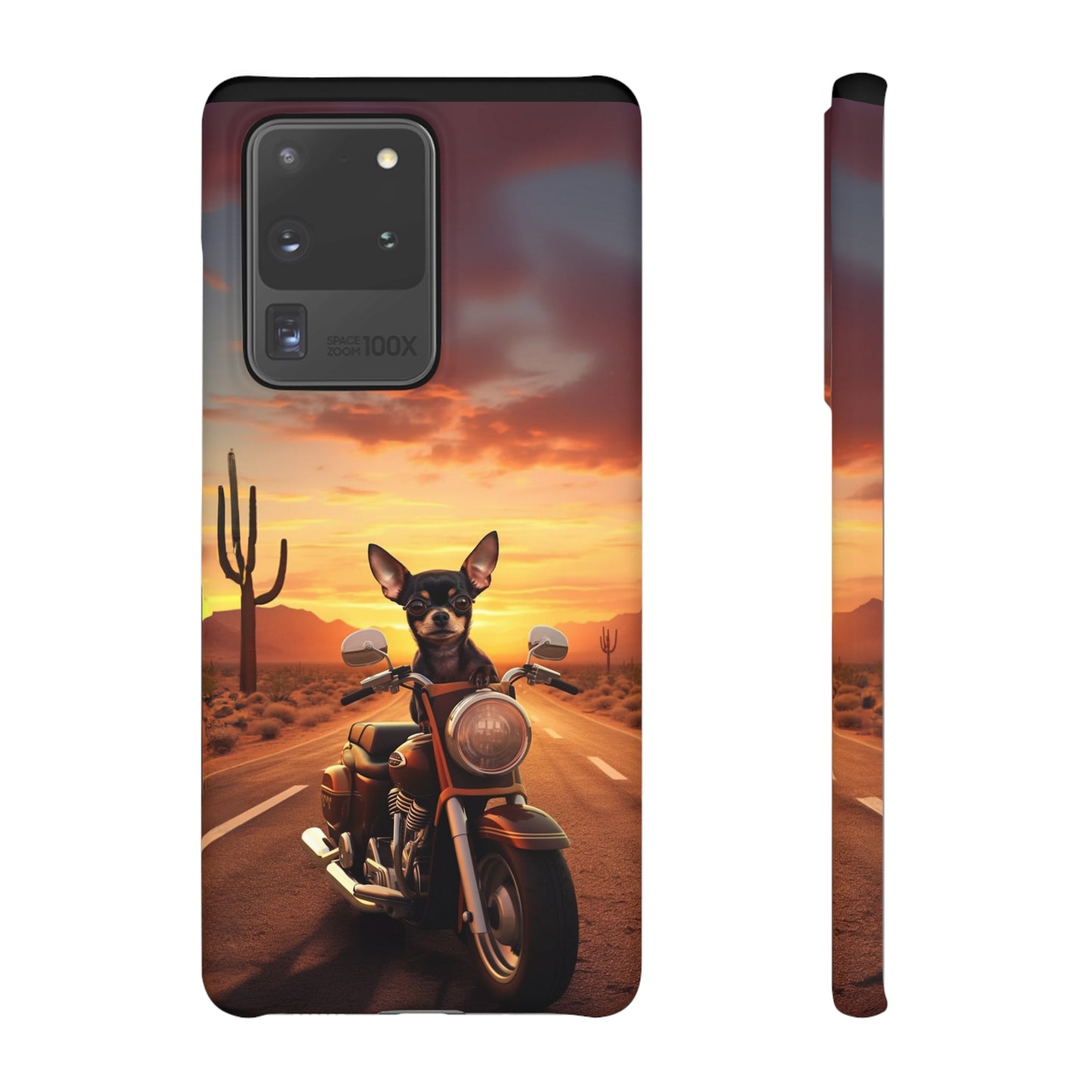 Sunset Ride: Black Chihuahua on a Harley Davidson in the Desert