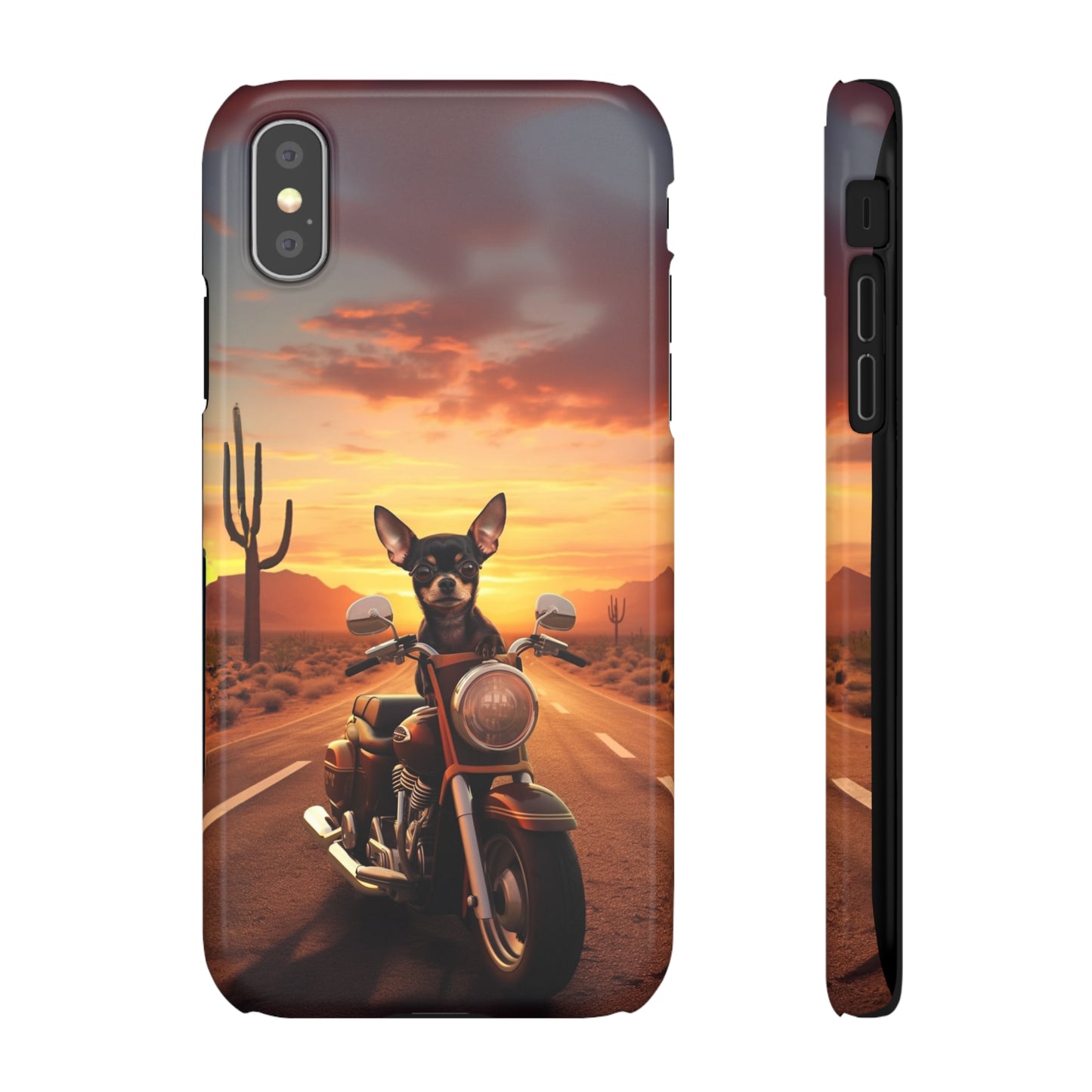 Sunset Ride: Black Chihuahua on a Harley Davidson in the Desert