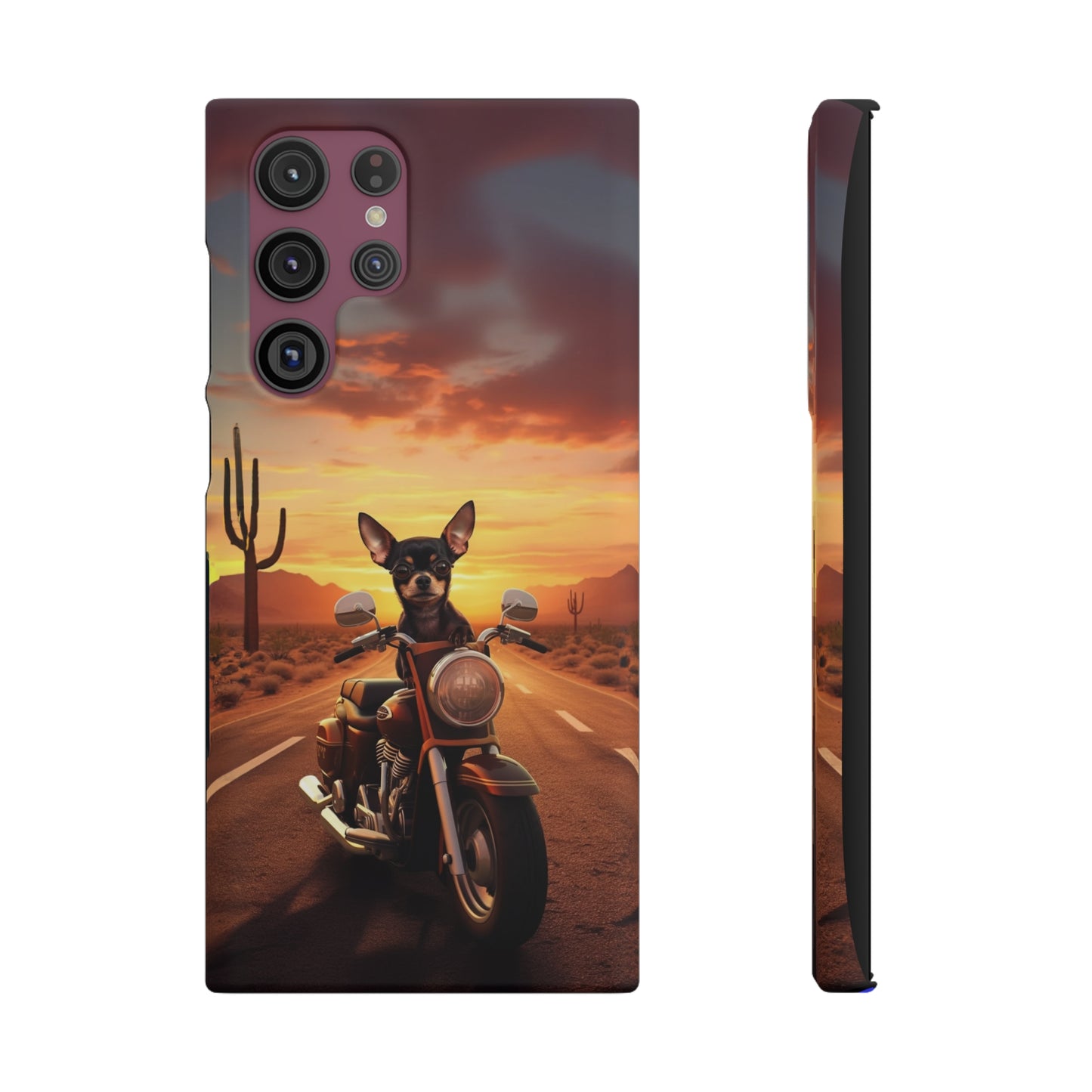 Sunset Ride: Black Chihuahua on a Harley Davidson in the Desert