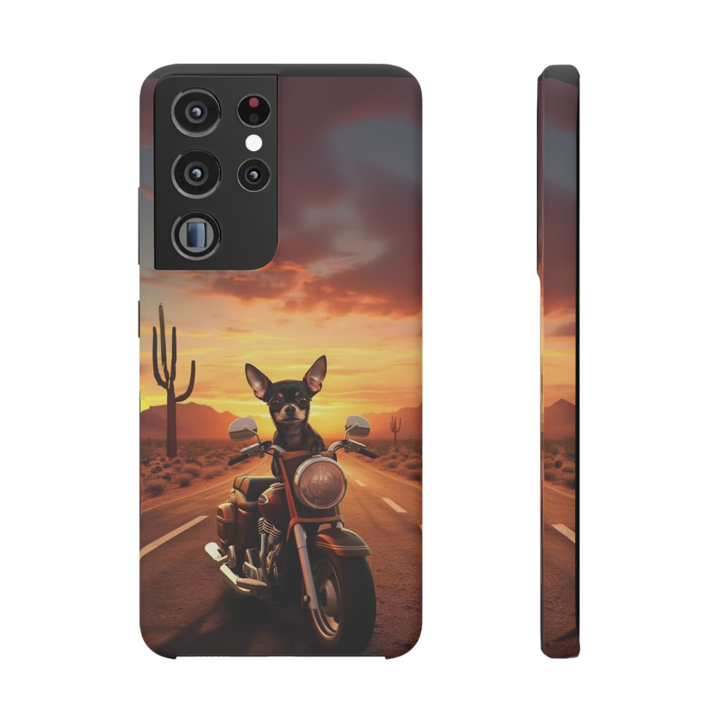 Sunset Ride: Black Chihuahua on a Harley Davidson in the Desert