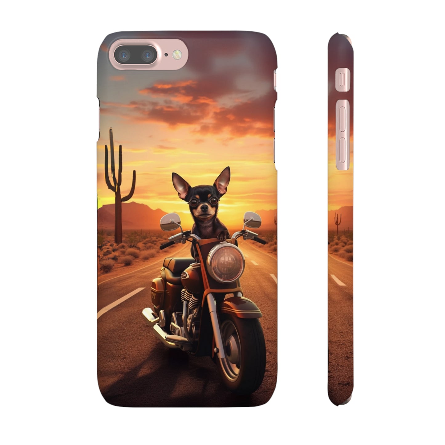 Sunset Ride: Black Chihuahua on a Harley Davidson in the Desert