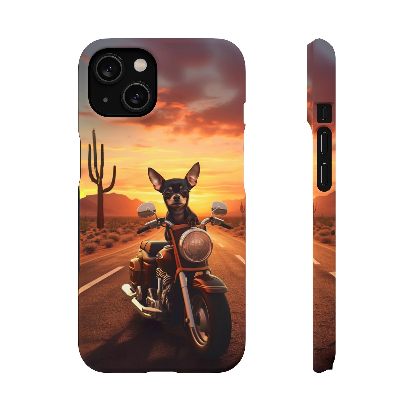 Sunset Ride: Black Chihuahua on a Harley Davidson in the Desert