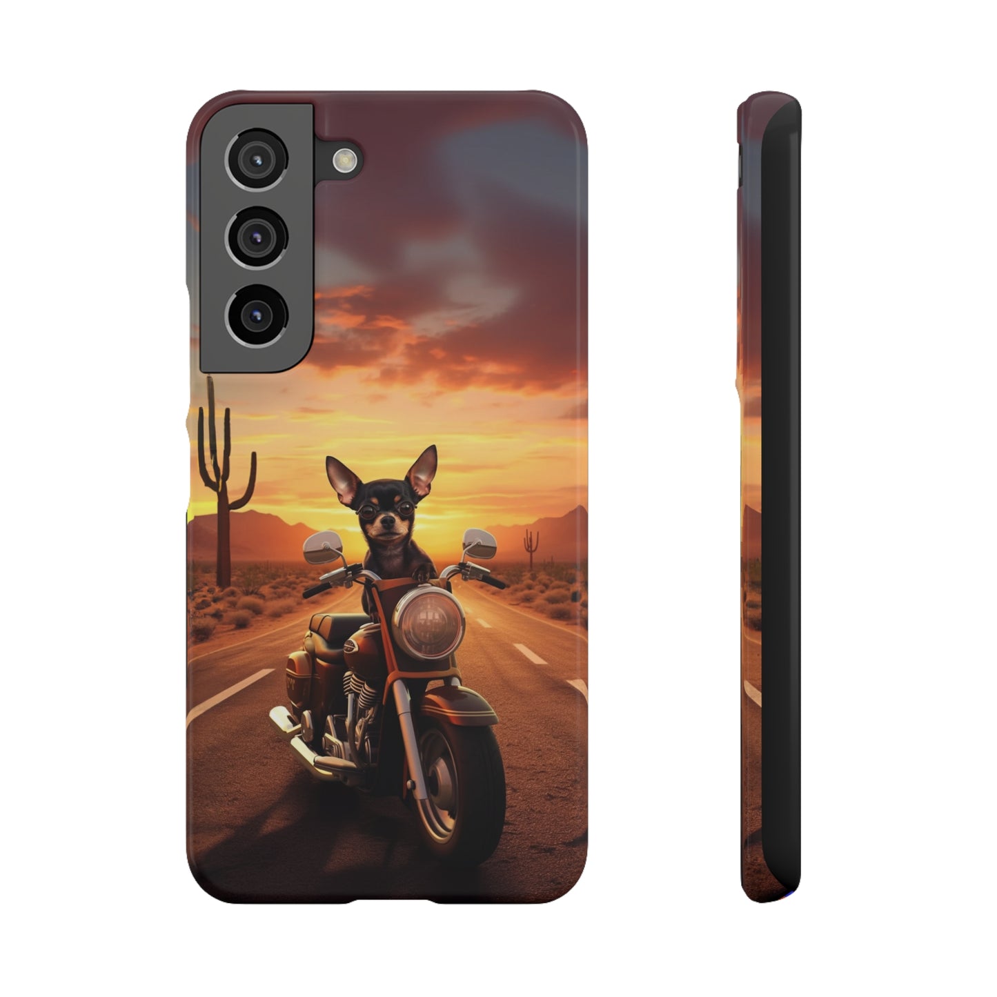 Sunset Ride: Black Chihuahua on a Harley Davidson in the Desert
