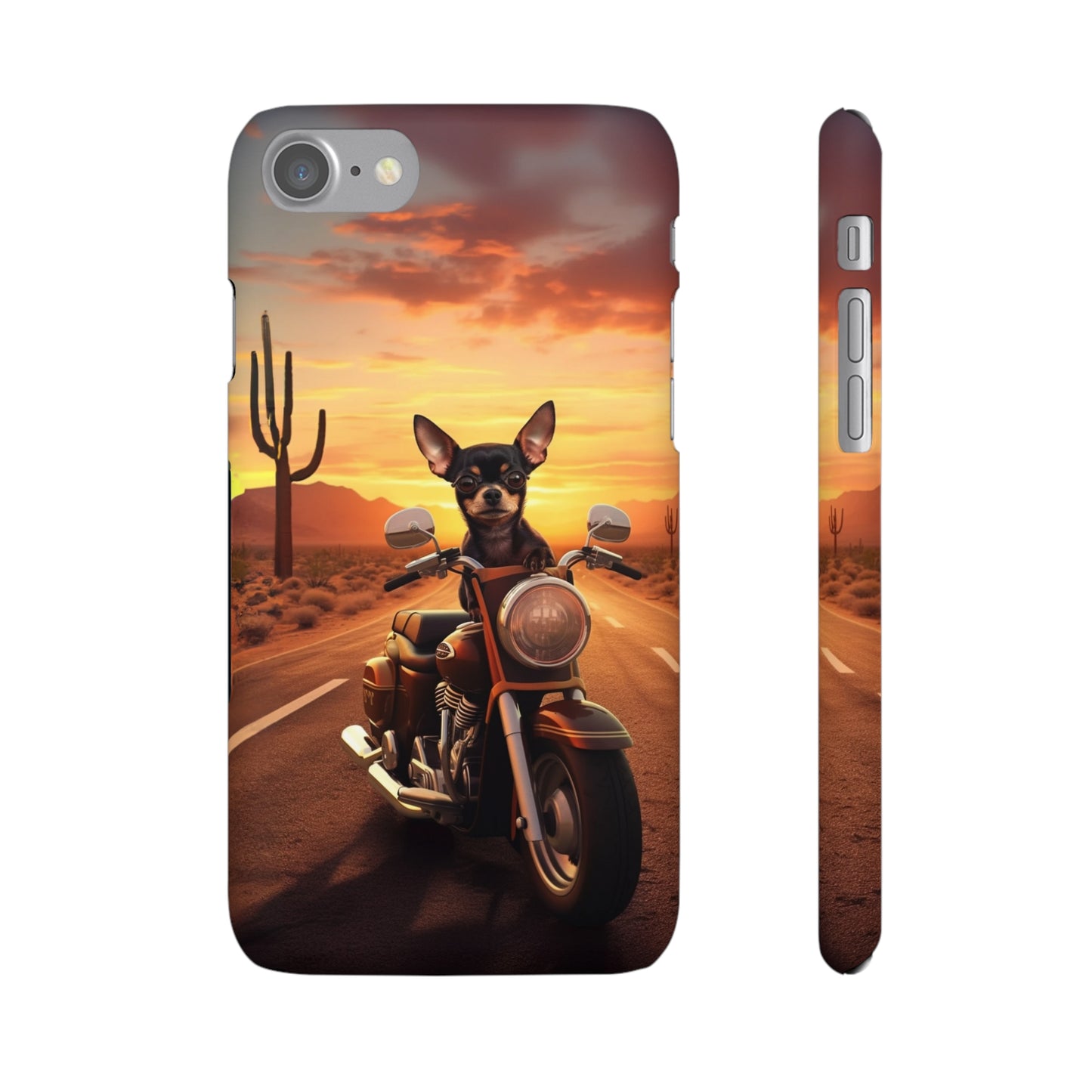 Sunset Ride: Black Chihuahua on a Harley Davidson in the Desert