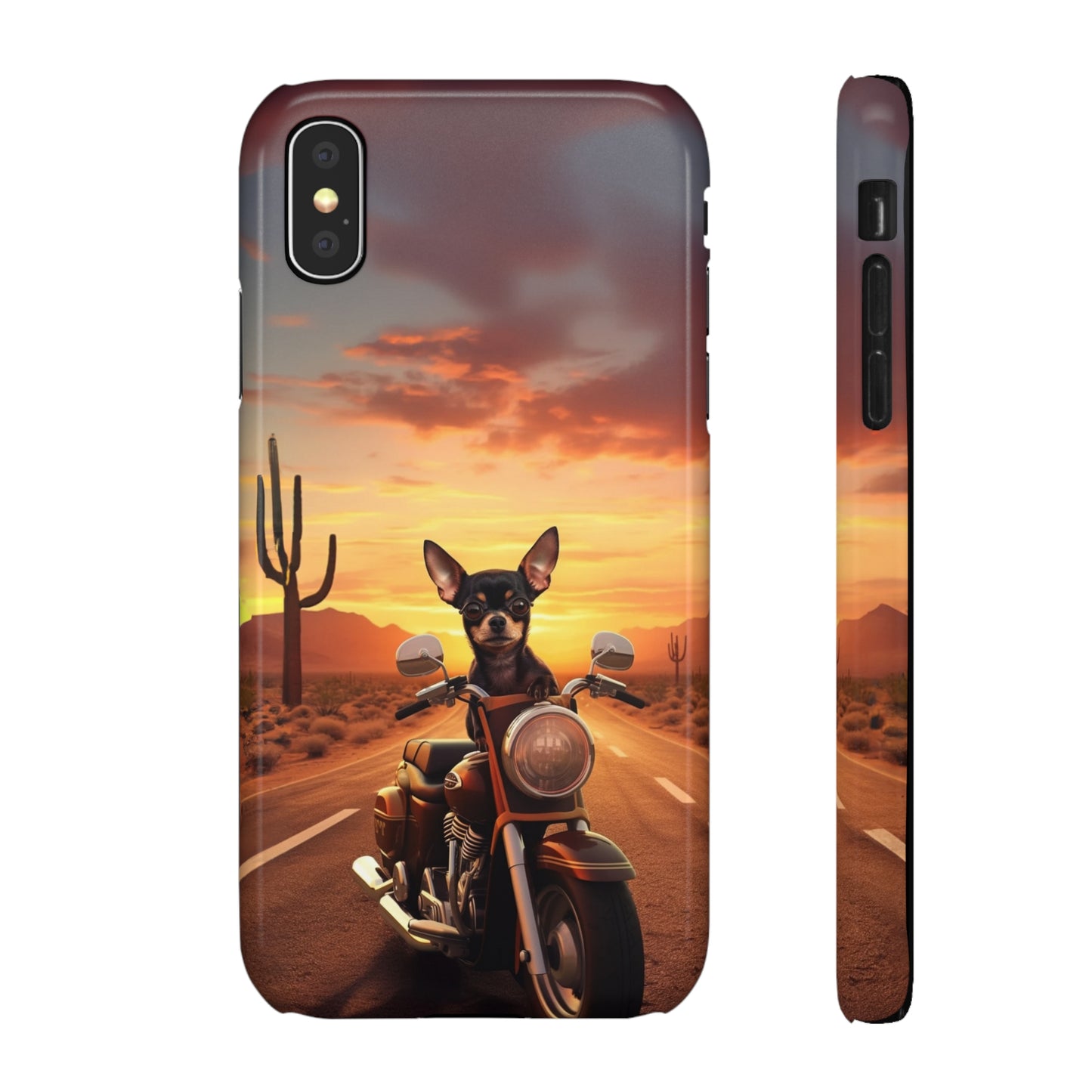 Sunset Ride: Black Chihuahua on a Harley Davidson in the Desert