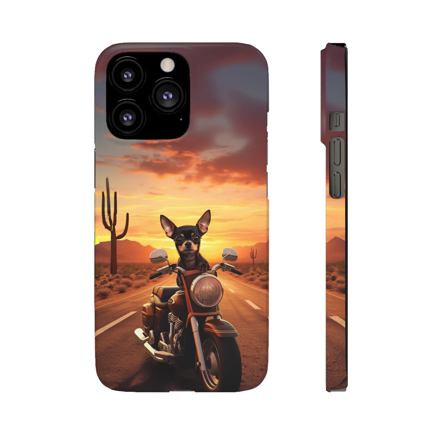 Sunset Ride: Black Chihuahua on a Harley Davidson in the Desert