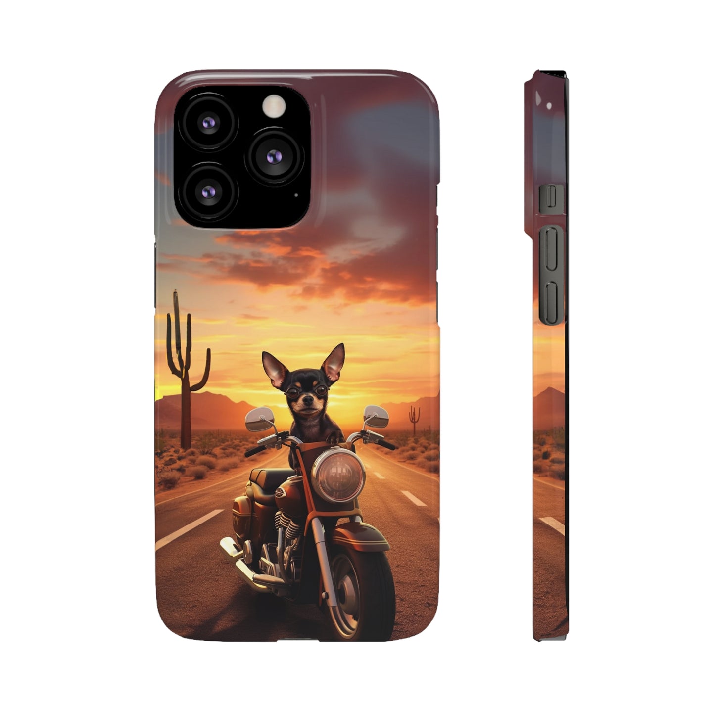 Sunset Ride: Black Chihuahua on a Harley Davidson in the Desert