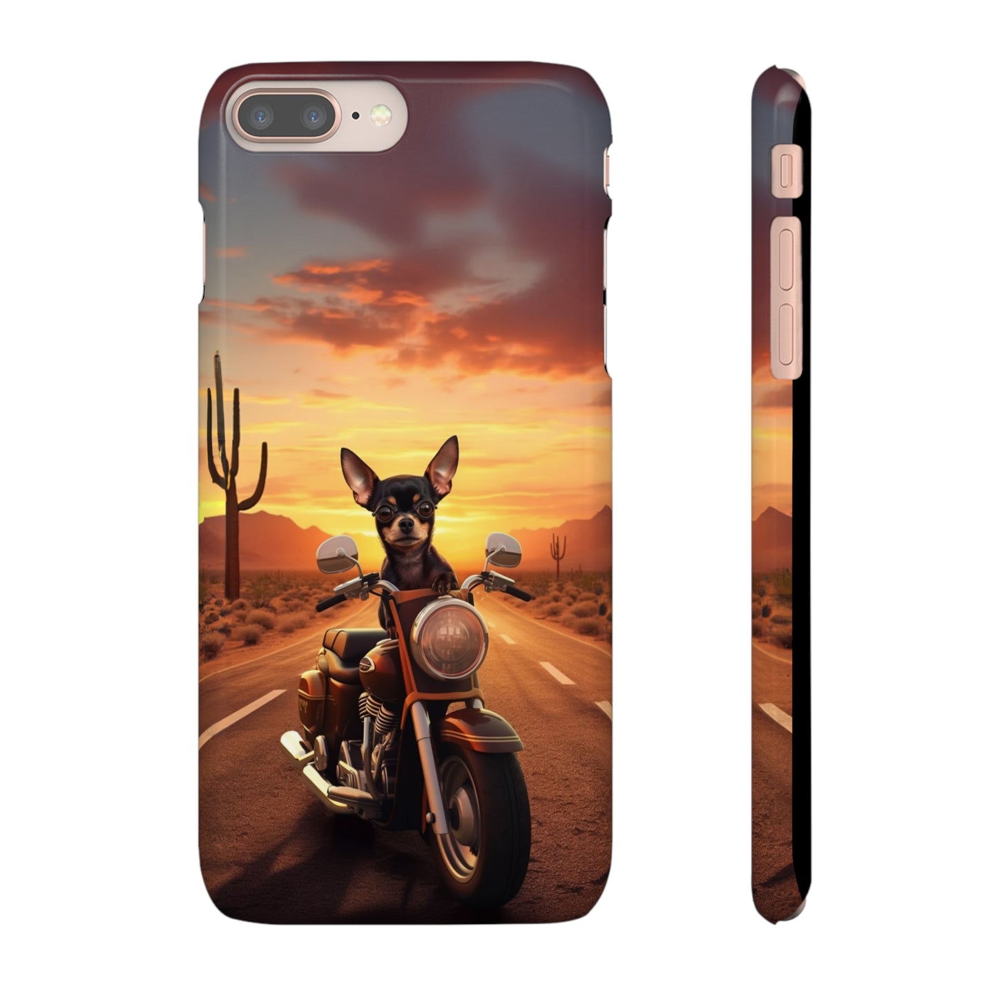 Sunset Ride: Black Chihuahua on a Harley Davidson in the Desert