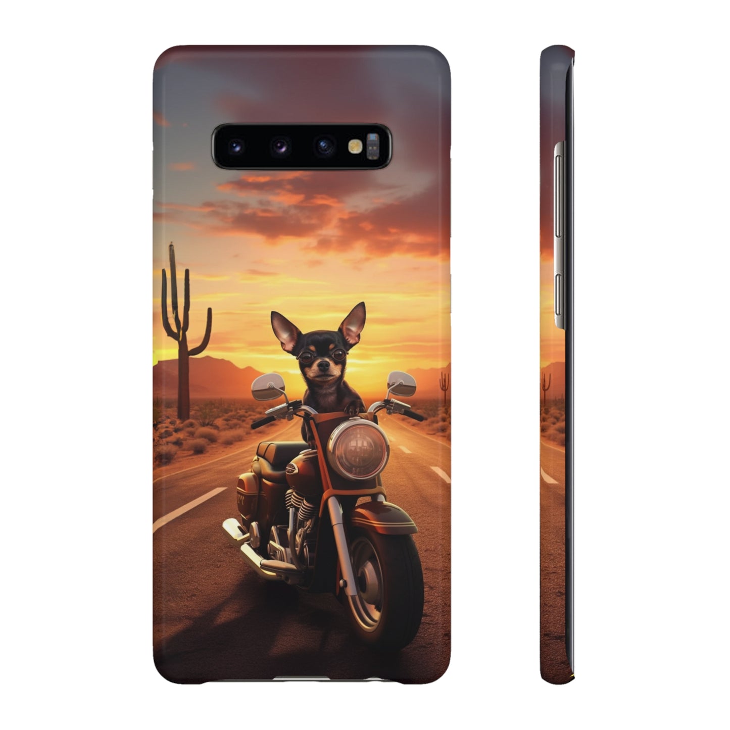 Sunset Ride: Black Chihuahua on a Harley Davidson in the Desert