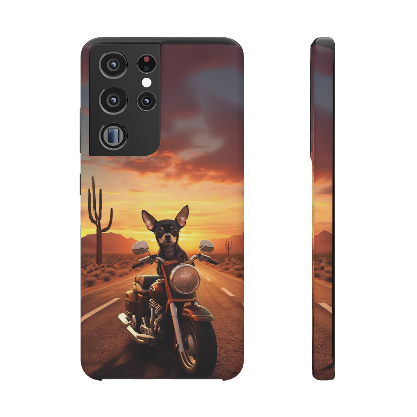Sunset Ride: Black Chihuahua on a Harley Davidson in the Desert