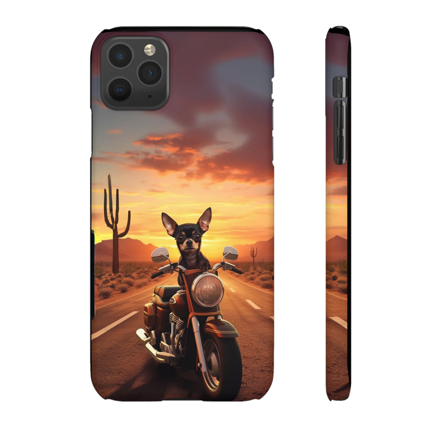 Sunset Ride: Black Chihuahua on a Harley Davidson in the Desert