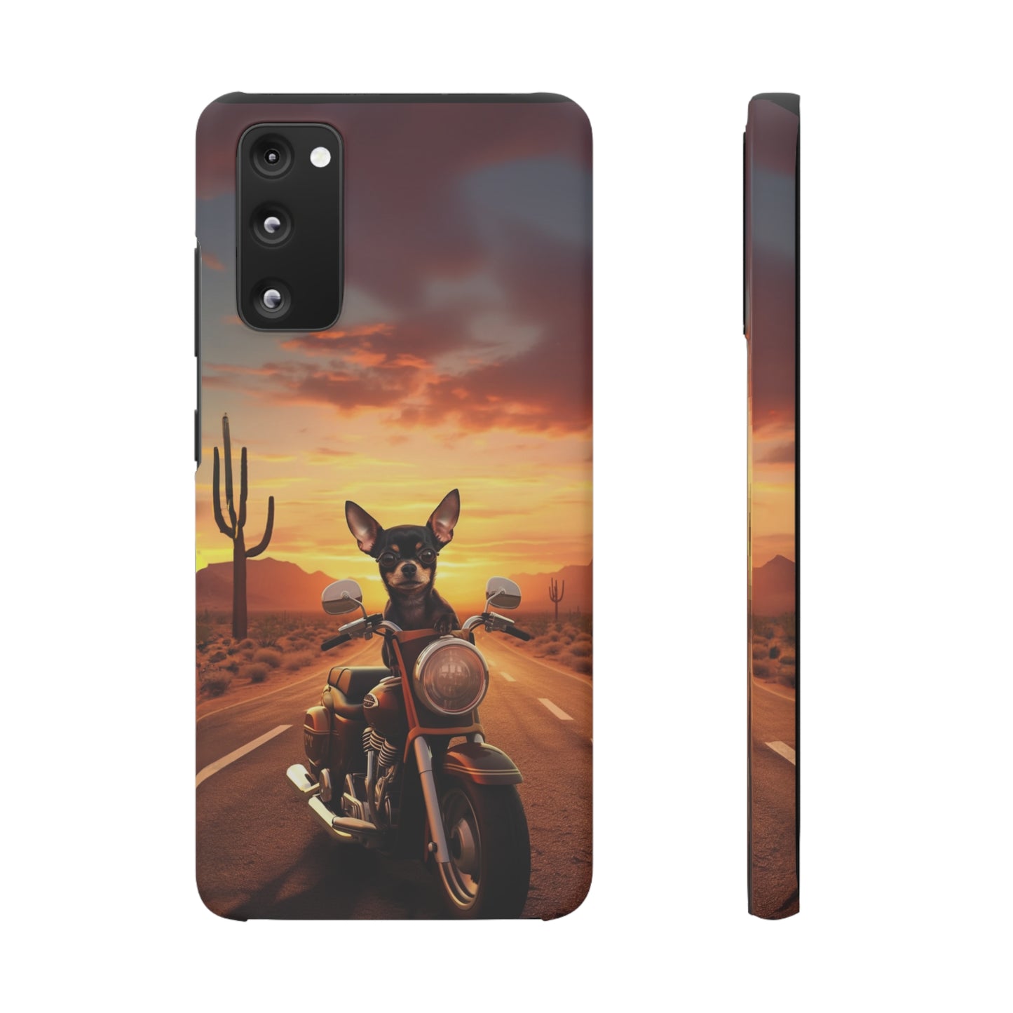 Sunset Ride: Black Chihuahua on a Harley Davidson in the Desert