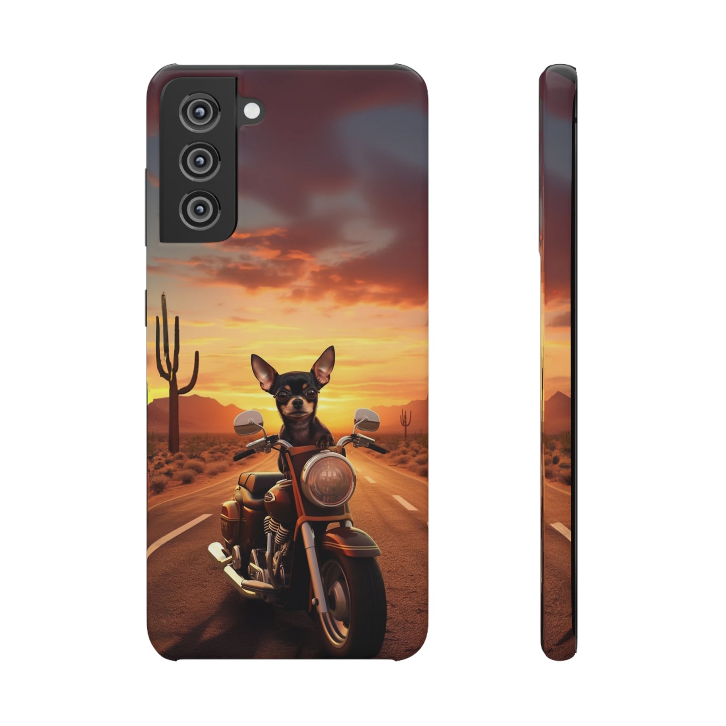 Sunset Ride: Black Chihuahua on a Harley Davidson in the Desert