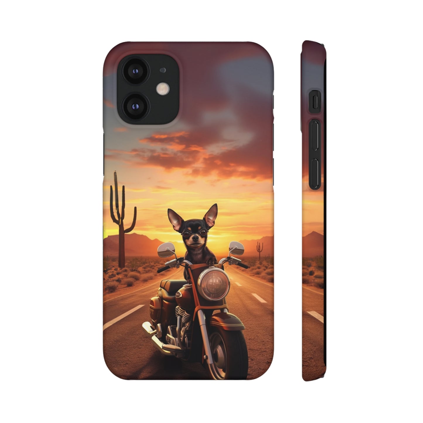 Sunset Ride: Black Chihuahua on a Harley Davidson in the Desert