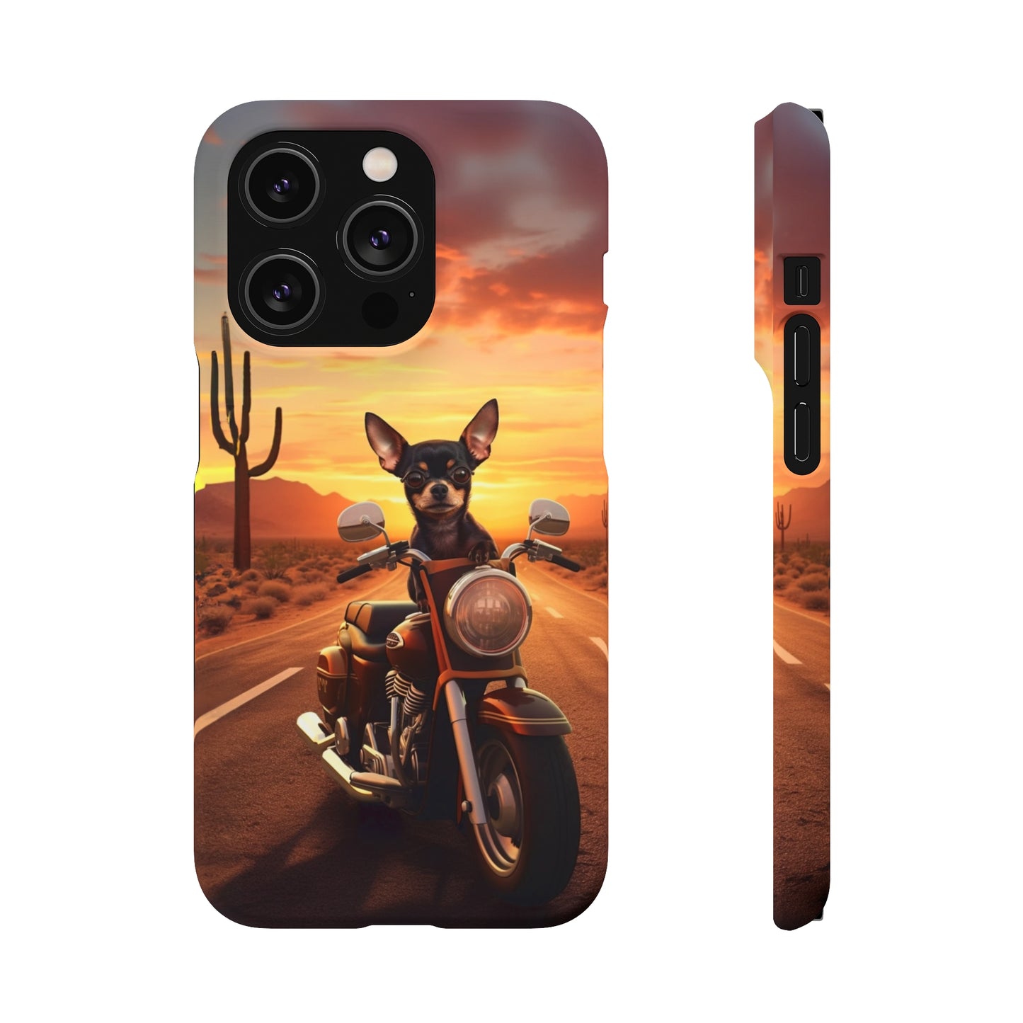 Sunset Ride: Black Chihuahua on a Harley Davidson in the Desert