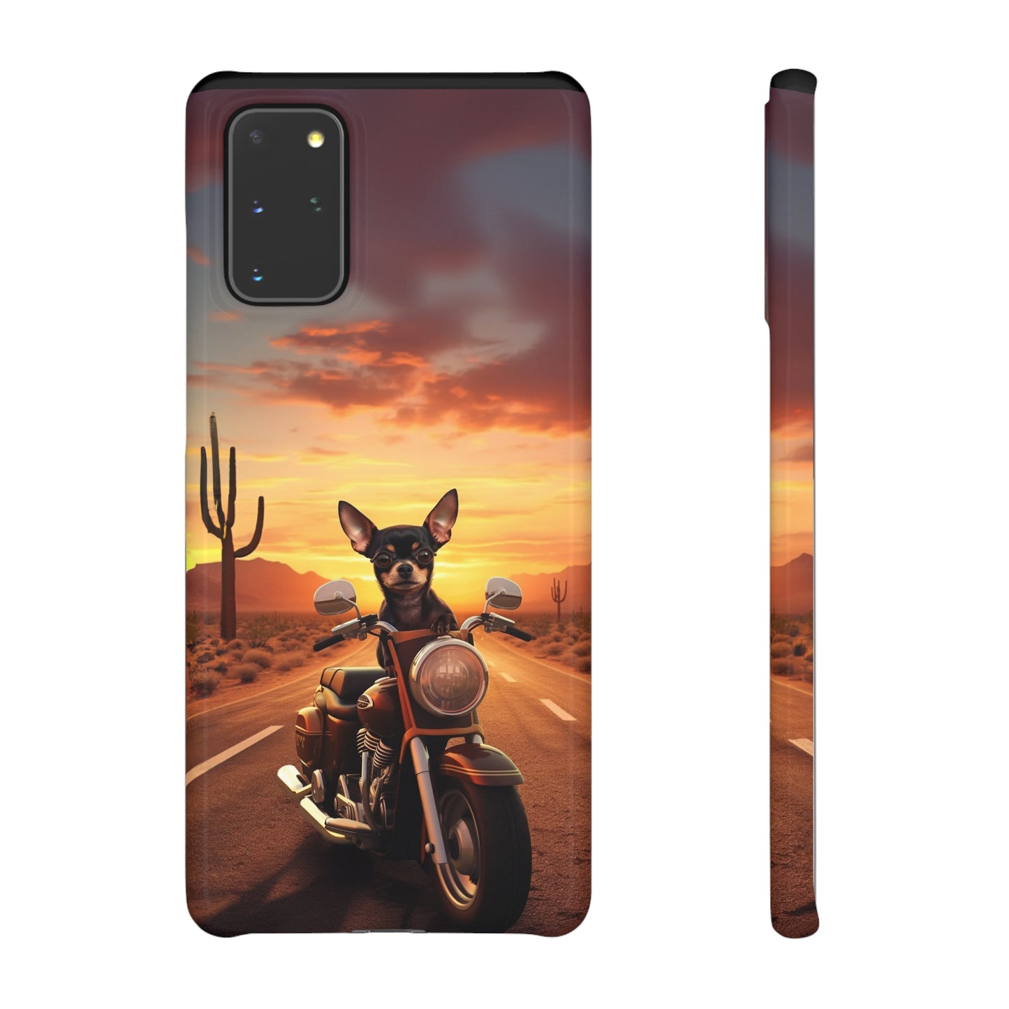 Sunset Ride: Black Chihuahua on a Harley Davidson in the Desert