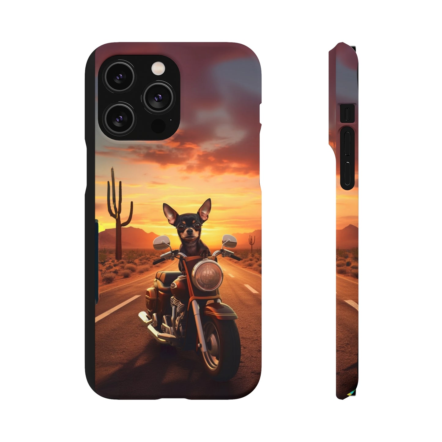 Sunset Ride: Black Chihuahua on a Harley Davidson in the Desert