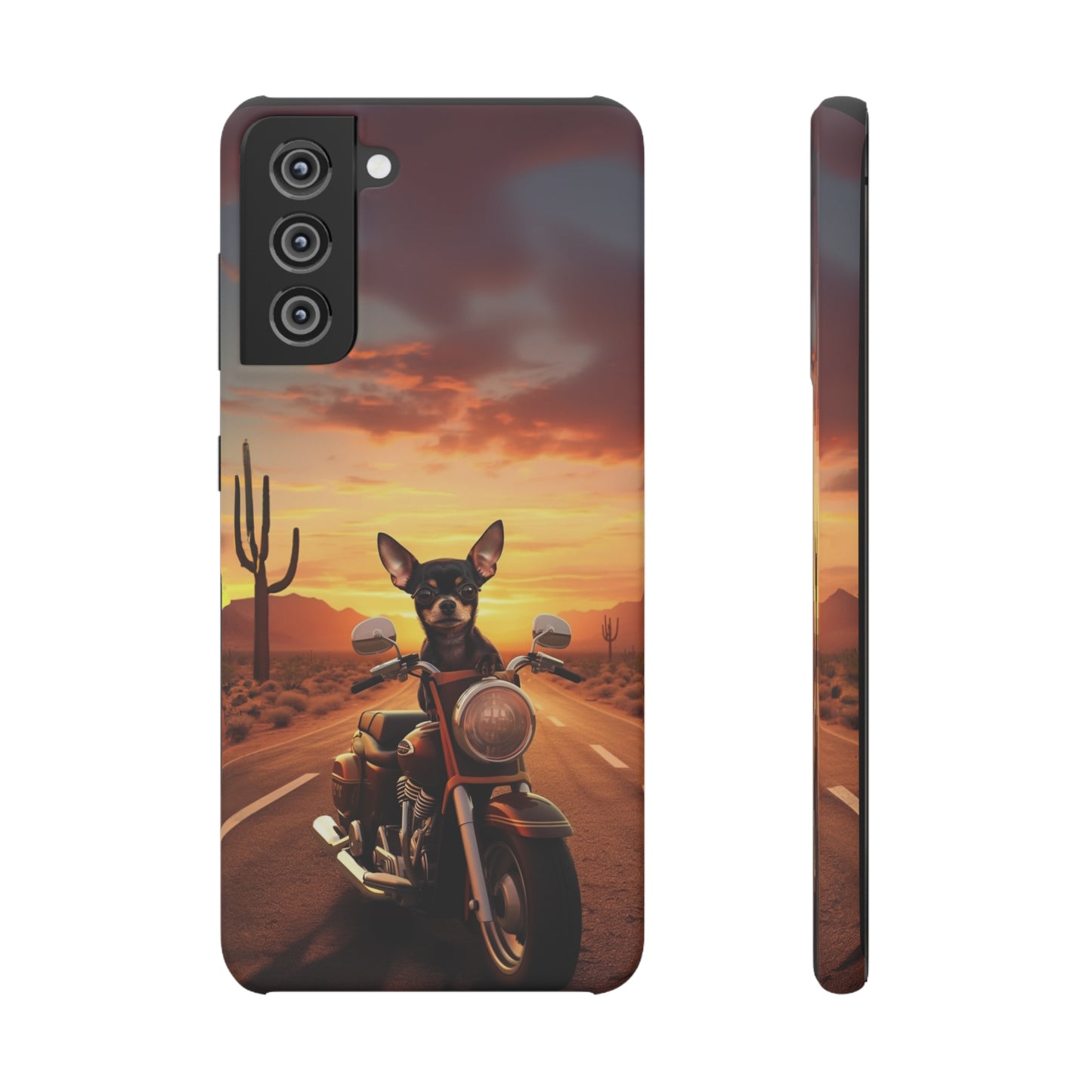 Sunset Ride: Black Chihuahua on a Harley Davidson in the Desert