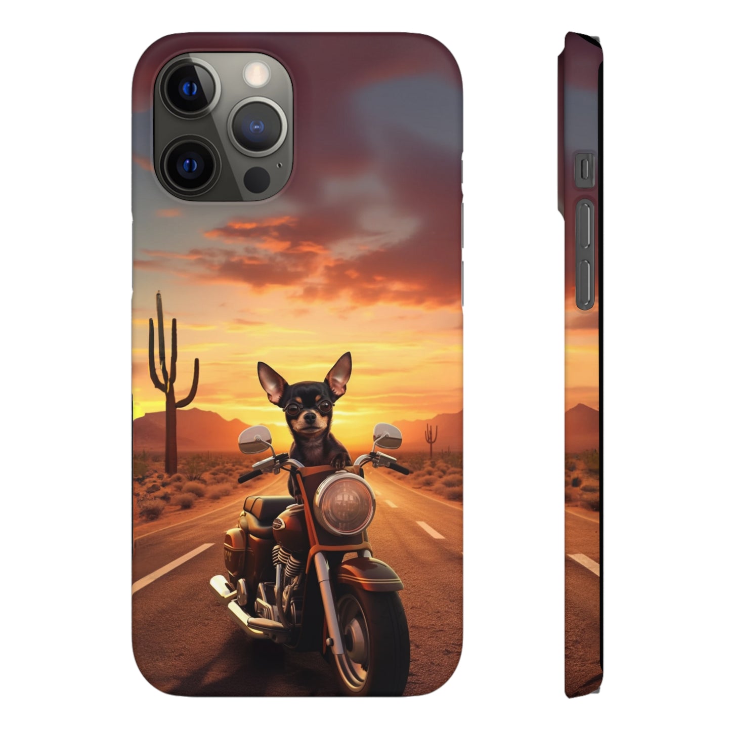 Sunset Ride: Black Chihuahua on a Harley Davidson in the Desert
