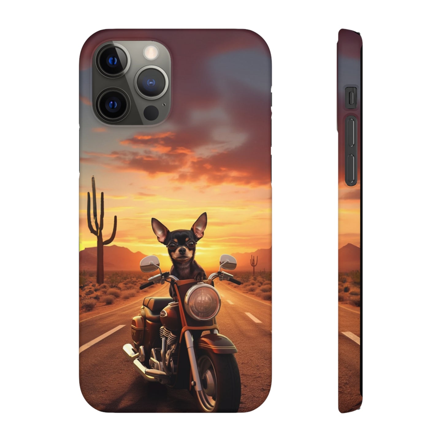 Sunset Ride: Black Chihuahua on a Harley Davidson in the Desert