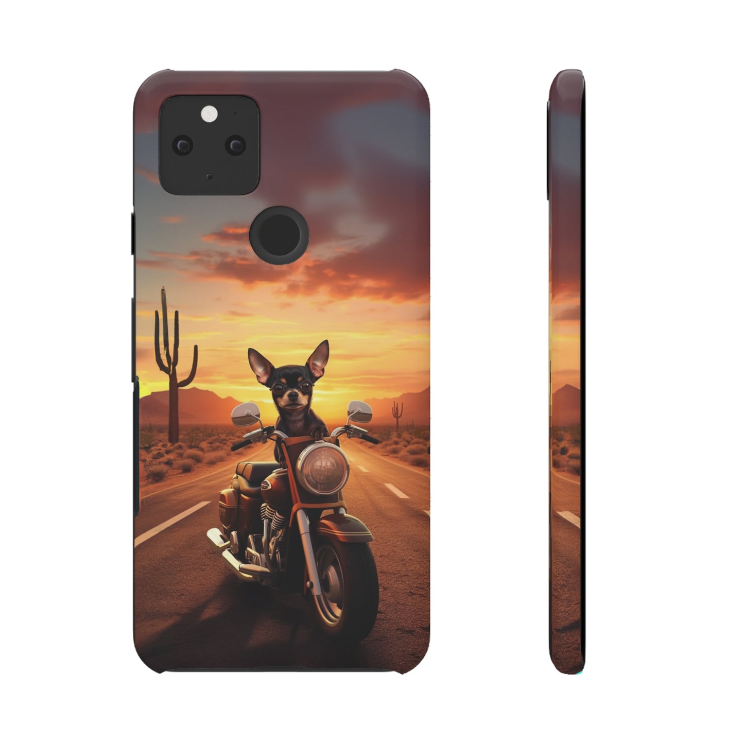 Sunset Ride: Black Chihuahua on a Harley Davidson in the Desert