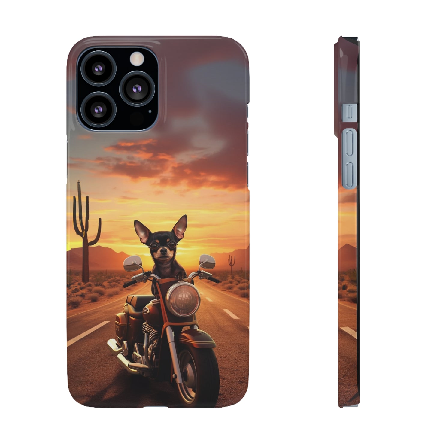 Sunset Ride: Black Chihuahua on a Harley Davidson in the Desert