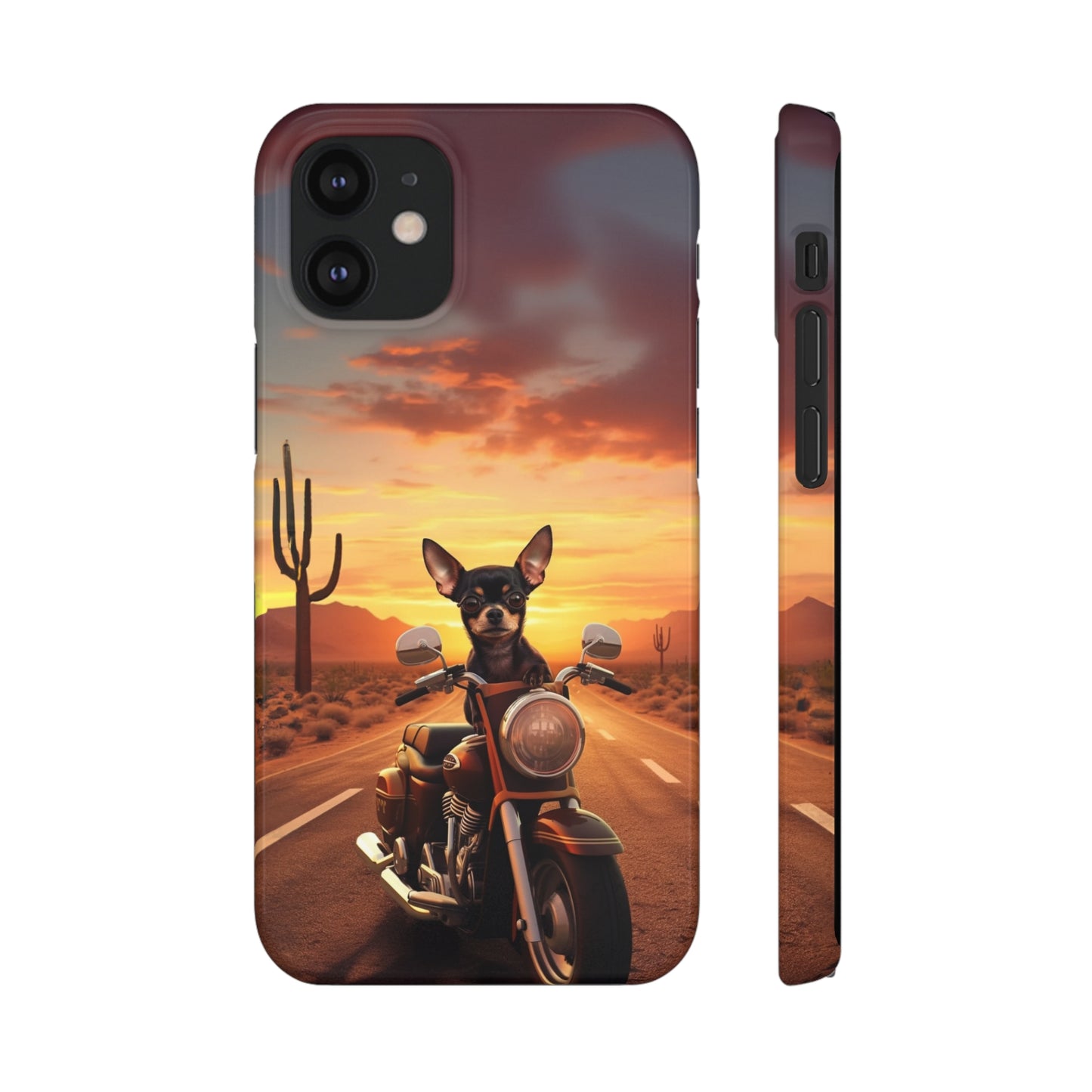 Sunset Ride: Black Chihuahua on a Harley Davidson in the Desert