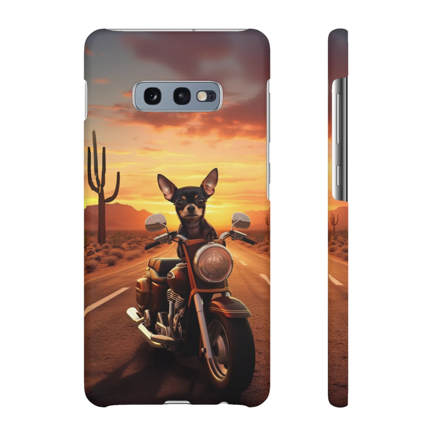 Sunset Ride: Black Chihuahua on a Harley Davidson in the Desert