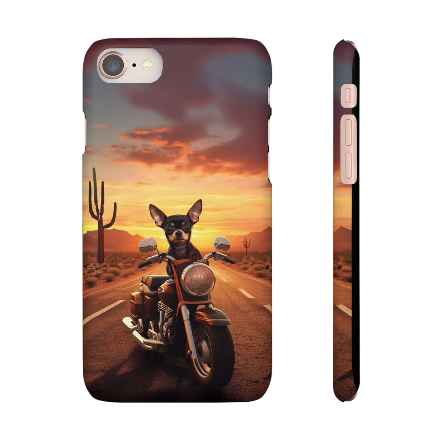 Sunset Ride: Black Chihuahua on a Harley Davidson in the Desert