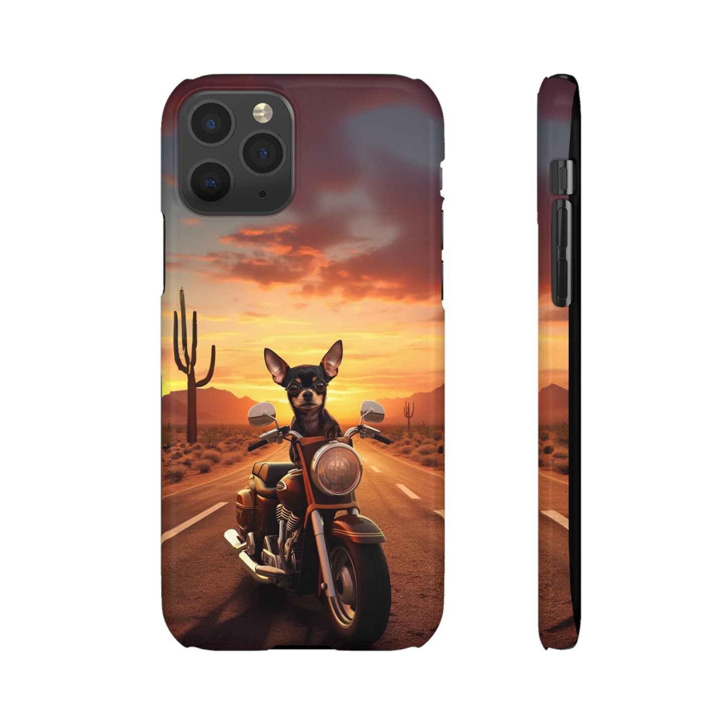 Sunset Ride: Black Chihuahua on a Harley Davidson in the Desert