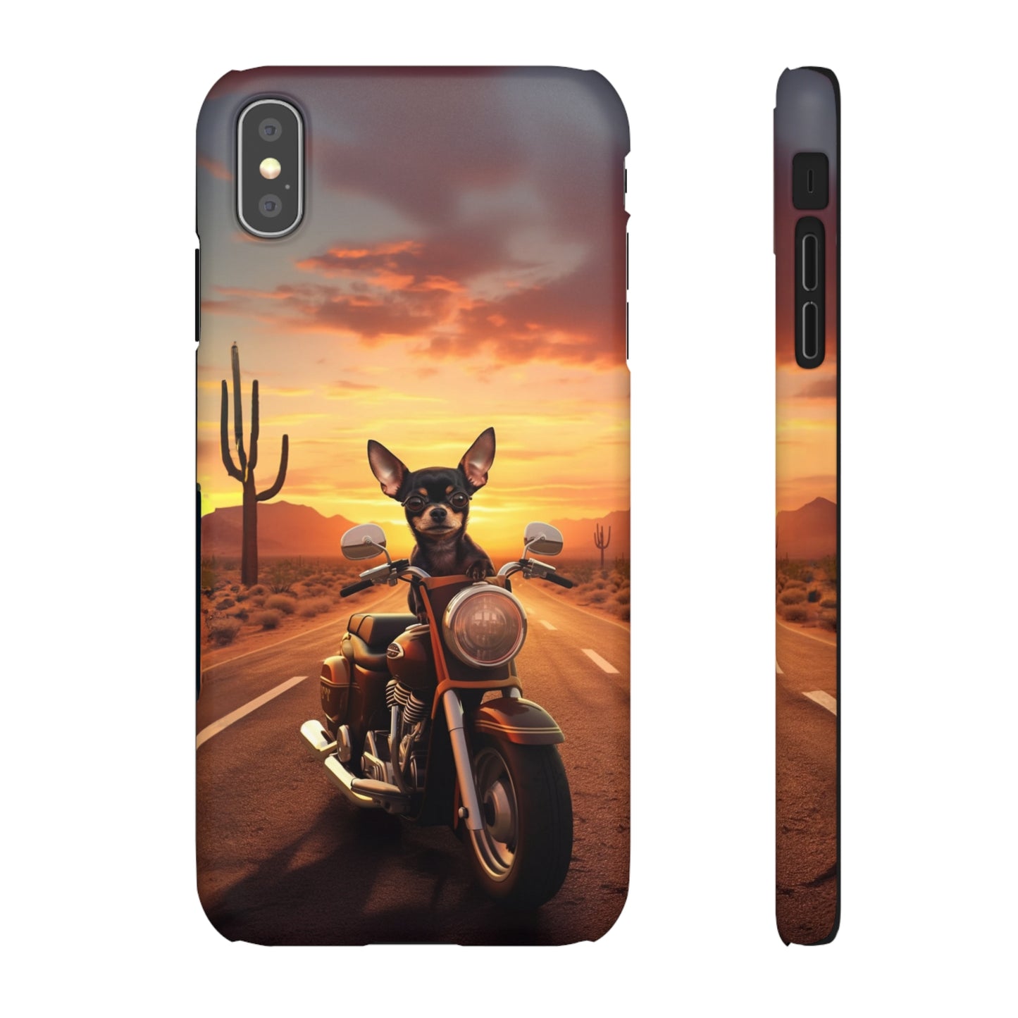 Sunset Ride: Black Chihuahua on a Harley Davidson in the Desert