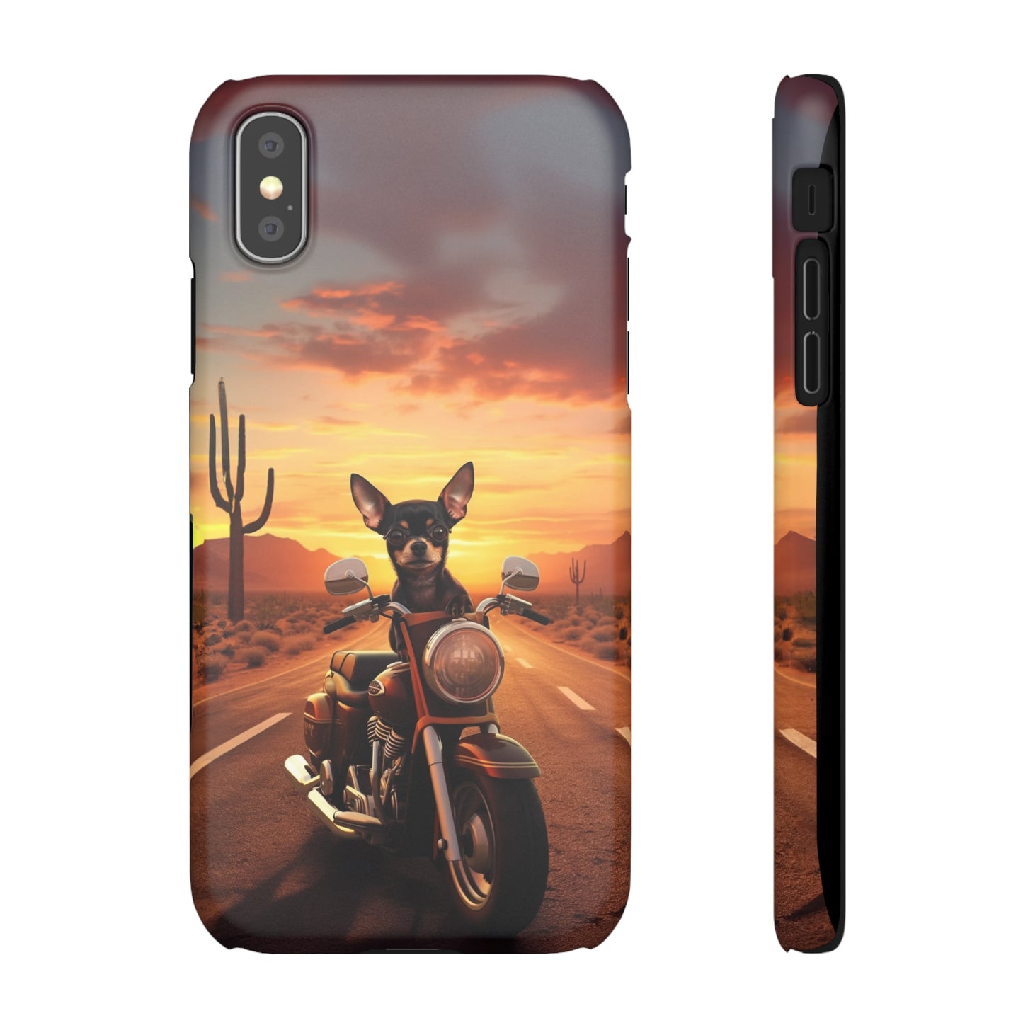 Sunset Ride: Black Chihuahua on a Harley Davidson in the Desert