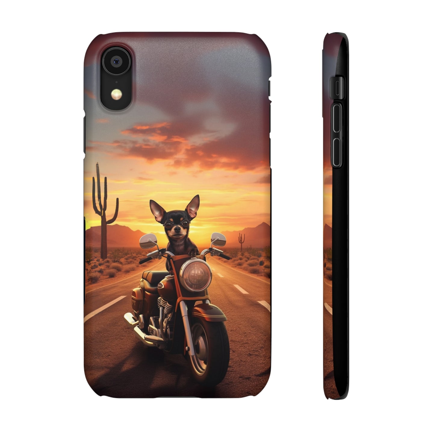 Sunset Ride: Black Chihuahua on a Harley Davidson in the Desert