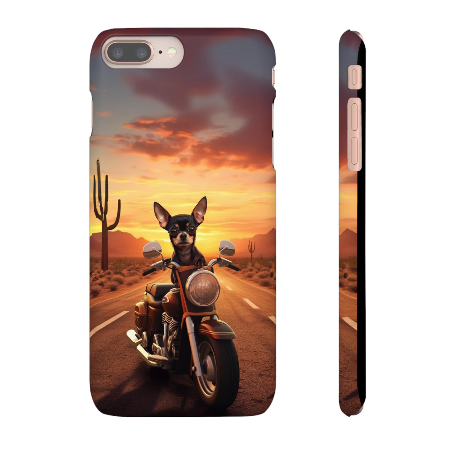 Sunset Ride: Black Chihuahua on a Harley Davidson in the Desert