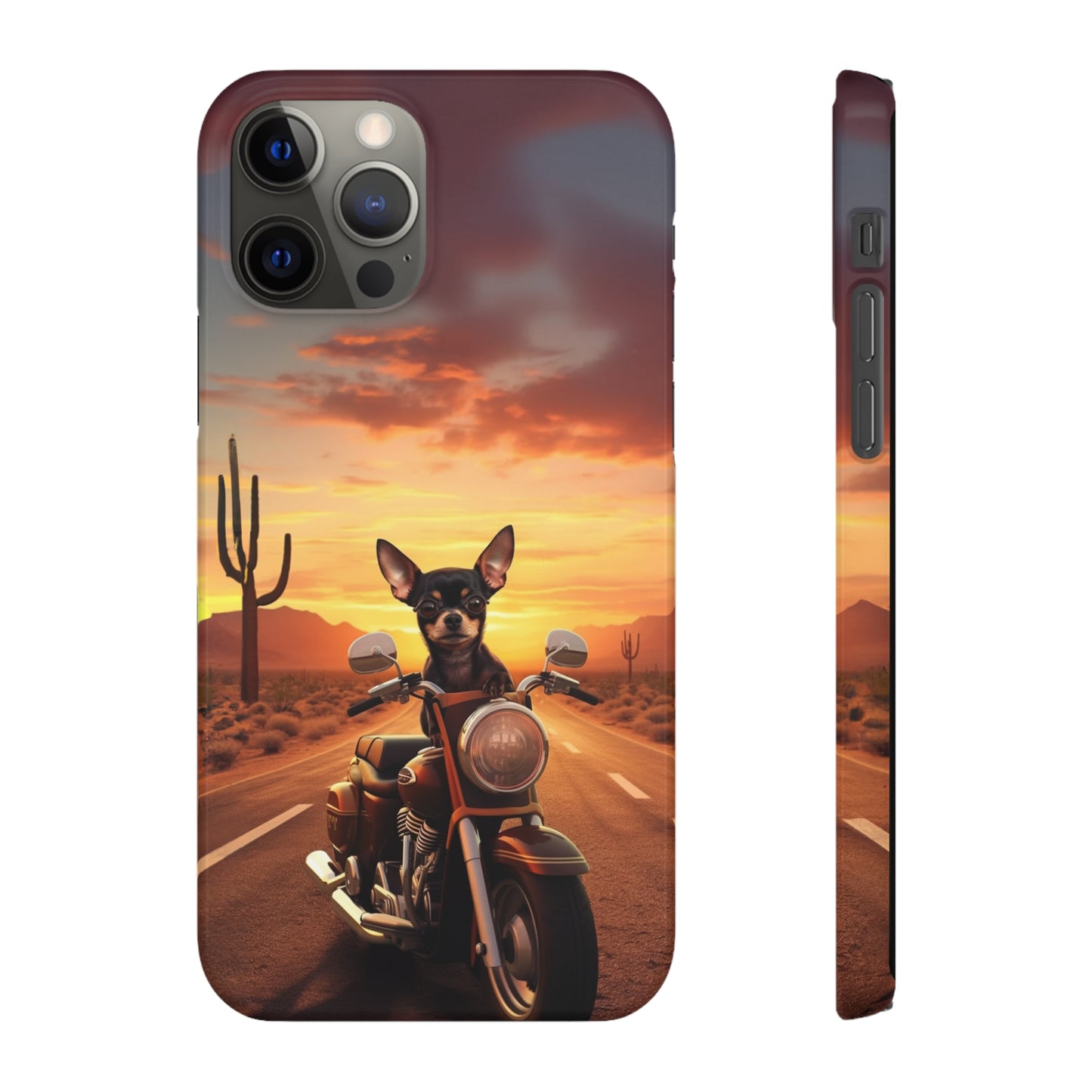 Sunset Ride: Black Chihuahua on a Harley Davidson in the Desert